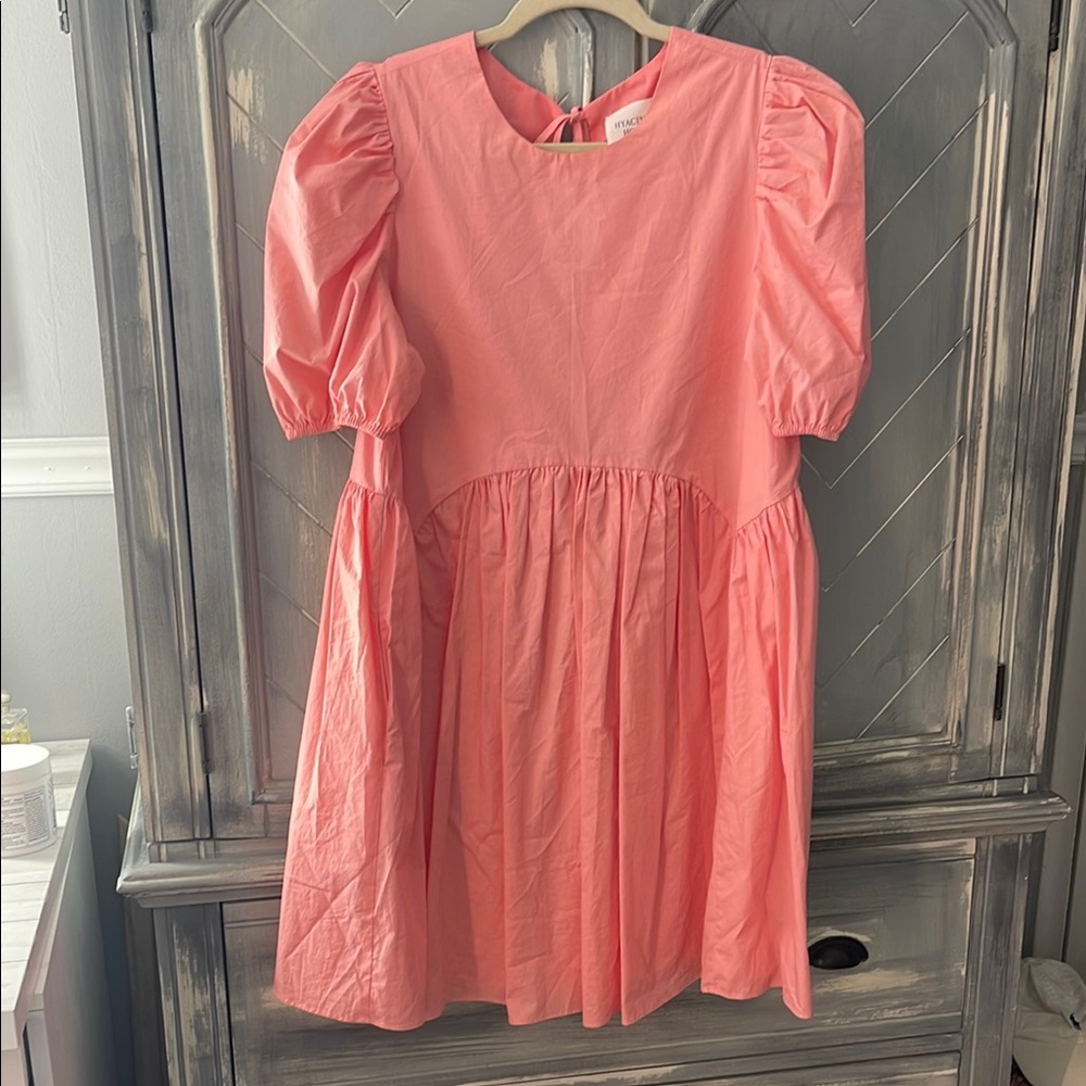 Pink Casual Sundress with Puff Sleeves and Peter Pan Collar